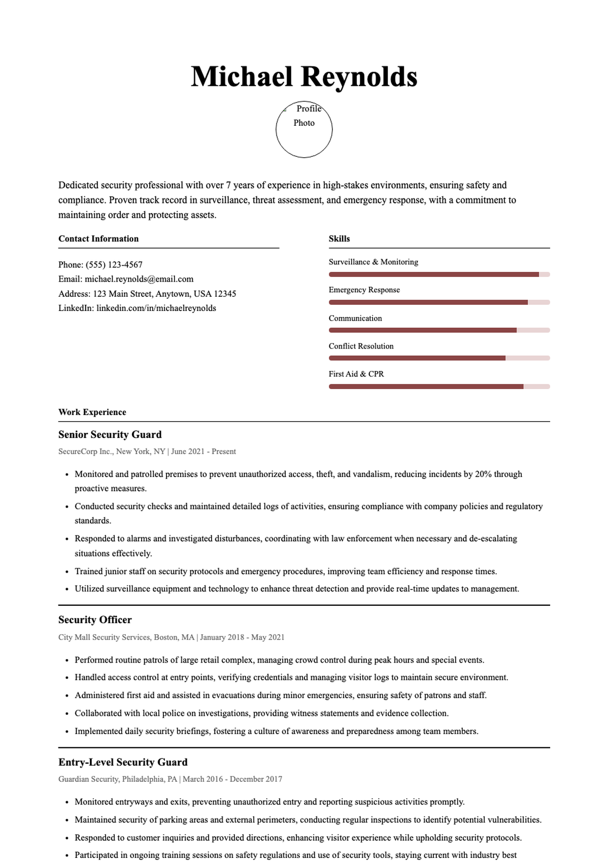 Professional security guard resume with skills bar chart and photo_variant_2